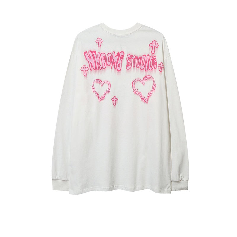 Neon Heart Print Loose Long Sleeve Shirt
