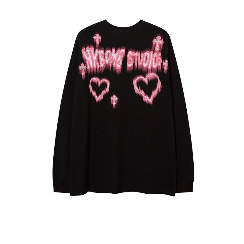 Neon Heart Print Loose Long Sleeve Shirt