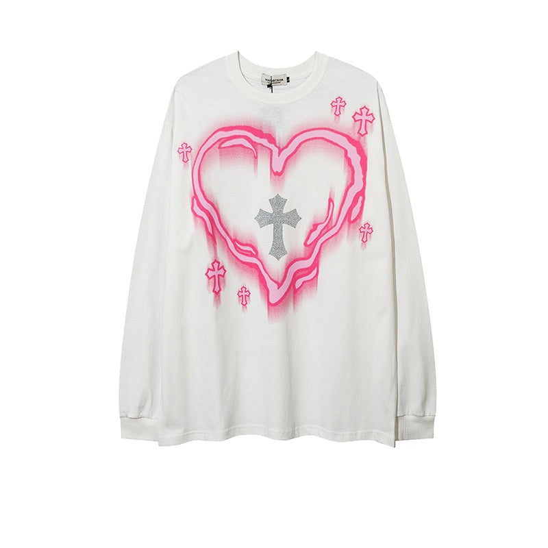 Neon Heart Print Loose Long Sleeve Shirt