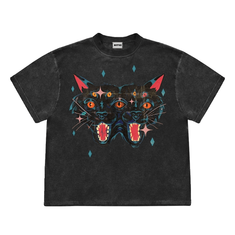 Psychedelic Black Cat Print Aesthetic T-Shirt