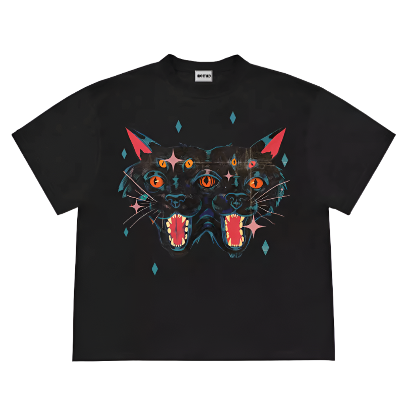 Psychedelic Black Cat Print Aesthetic T-Shirt
