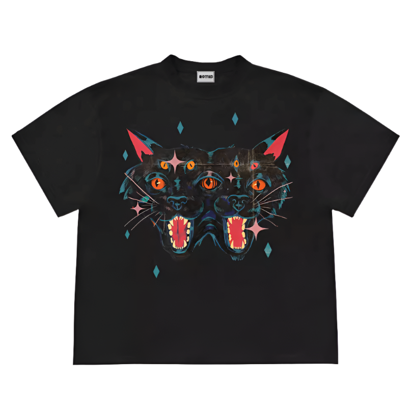 Psychedelic Black Cat Print T-Shirt