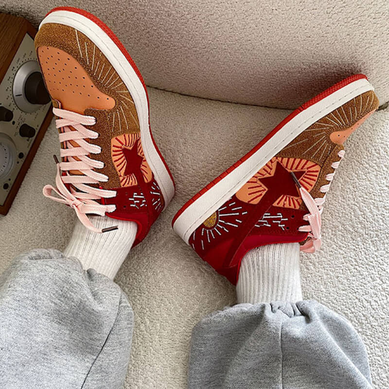Red Sun Star Embroidery Indie Aesthetic Women’s Sneakers