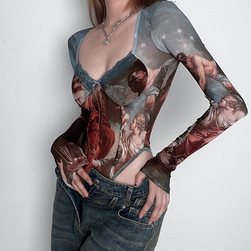 Renaissance Art Print Mesh Thin Aesthetic Bodysuit