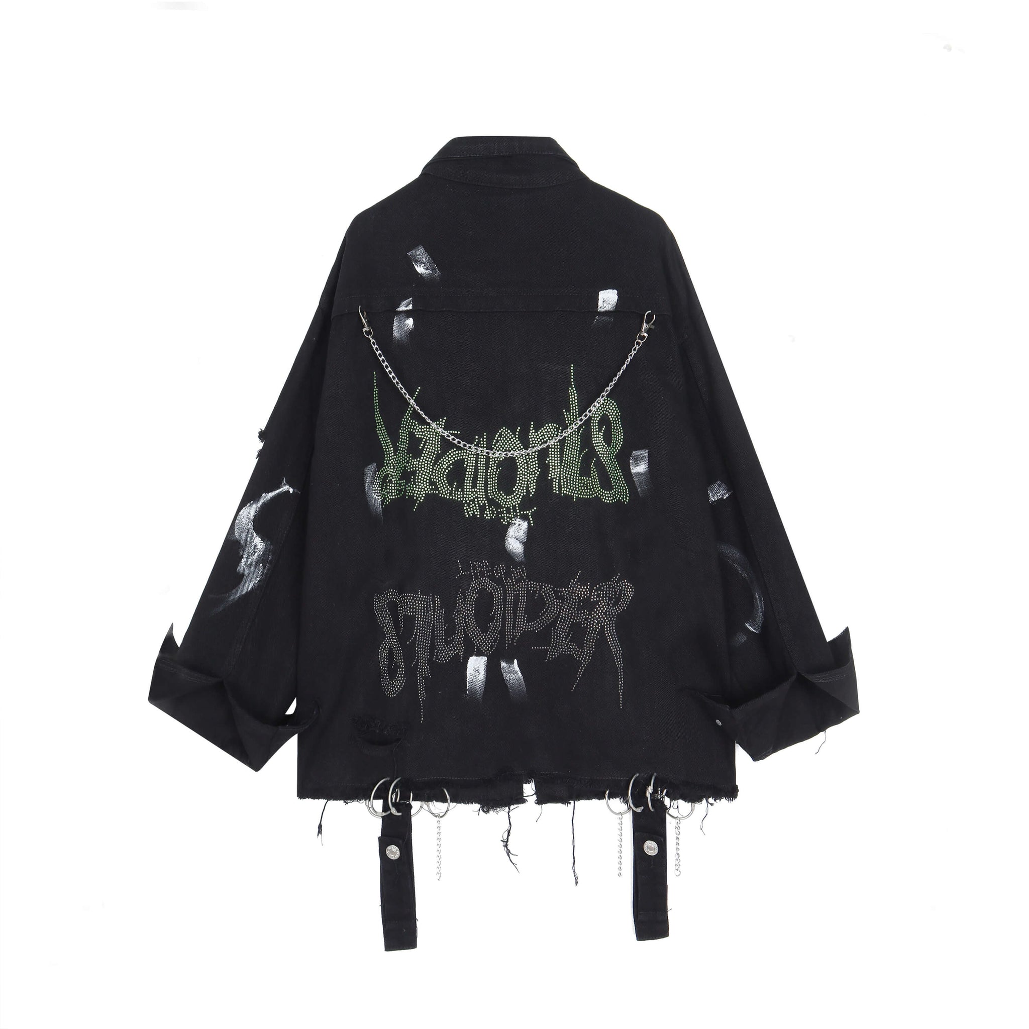 Rhinestones Chains Patchwork Collage Black Grunge Aesthetic Denim Jacket