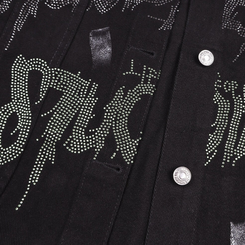 Rhinestones Patchwork Collage Black Grunge Aesthetic Denim Jacket