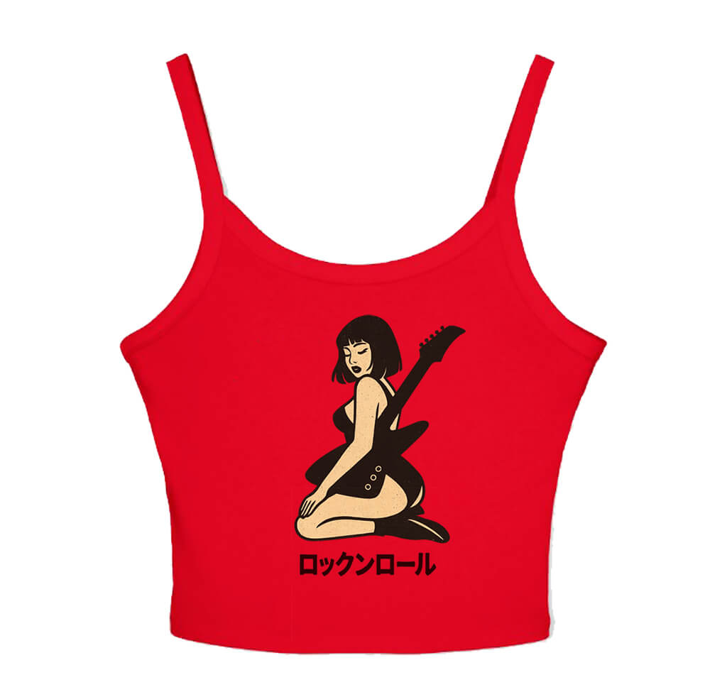 Rock n' Roll Guitar Japanese Girl Graphic Crop Top Red Color