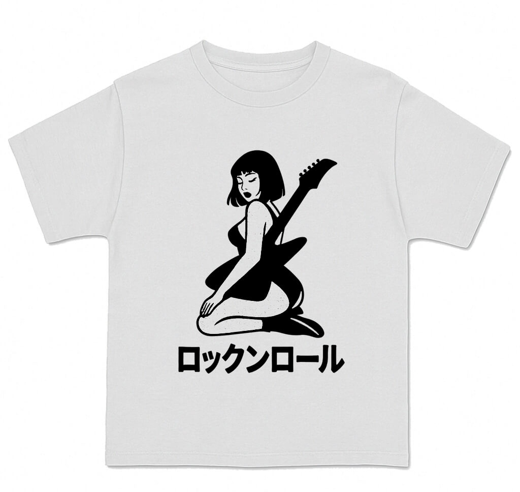 Guitar Asian Girl Japanese Letters Graphic Tee