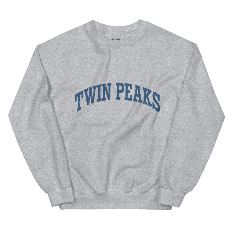 Gray sweatshirt with 'Twin Peaks' text on a black background