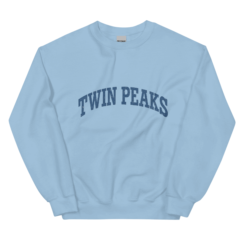 Gray sweatshirt with 'Twin Peaks' text in blue on a black background