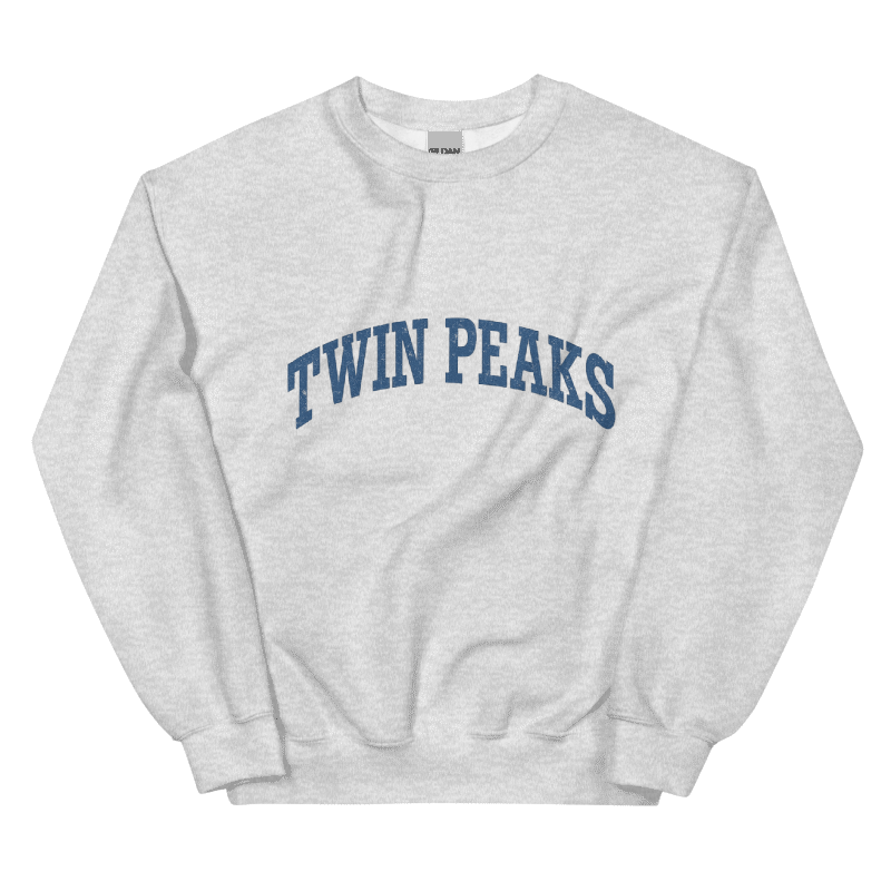 Gray sweatshirt with 'Twin Peaks' text in blue on a black background