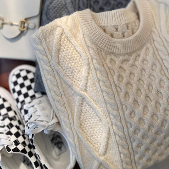 White Cream Braid Knit Volume Basic Warm Sweater