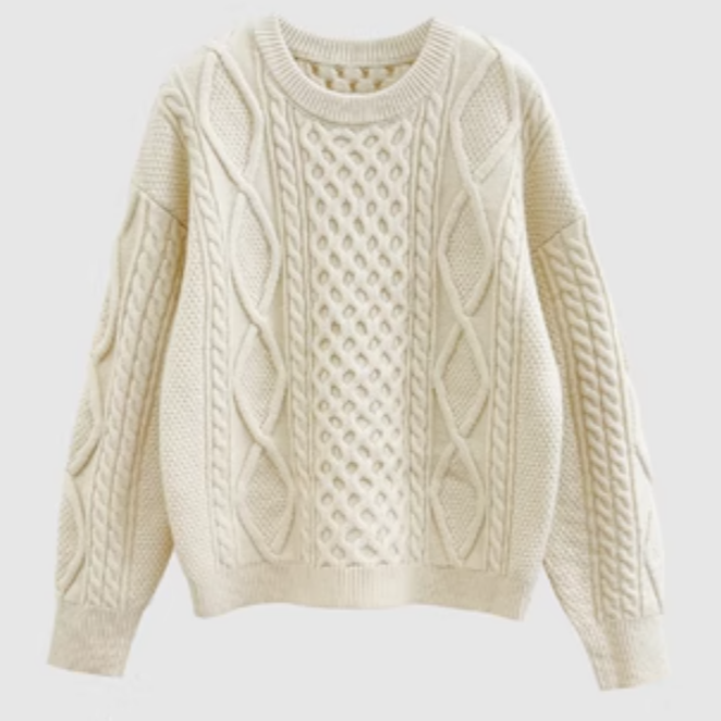 White Cream Braid Knit Volume Basic Warm Sweater