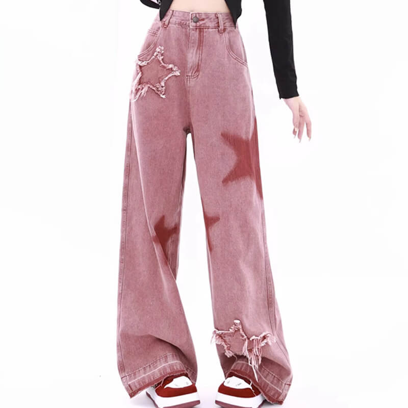 Y2K Pink Stars Patchwork E-Girl Aesthetic Women Jeans