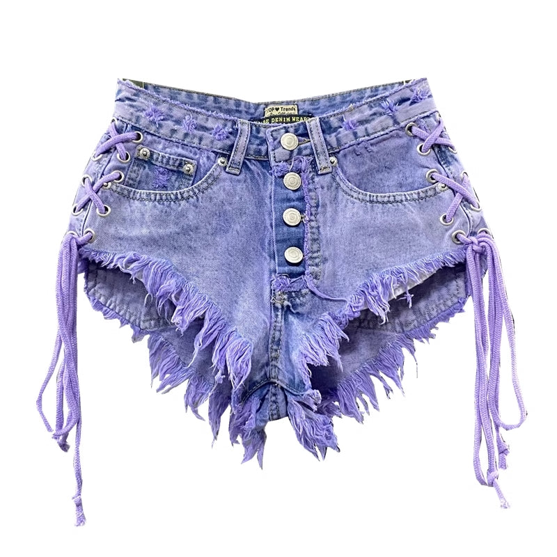Y2K Purple Side Lace Denim Shorts