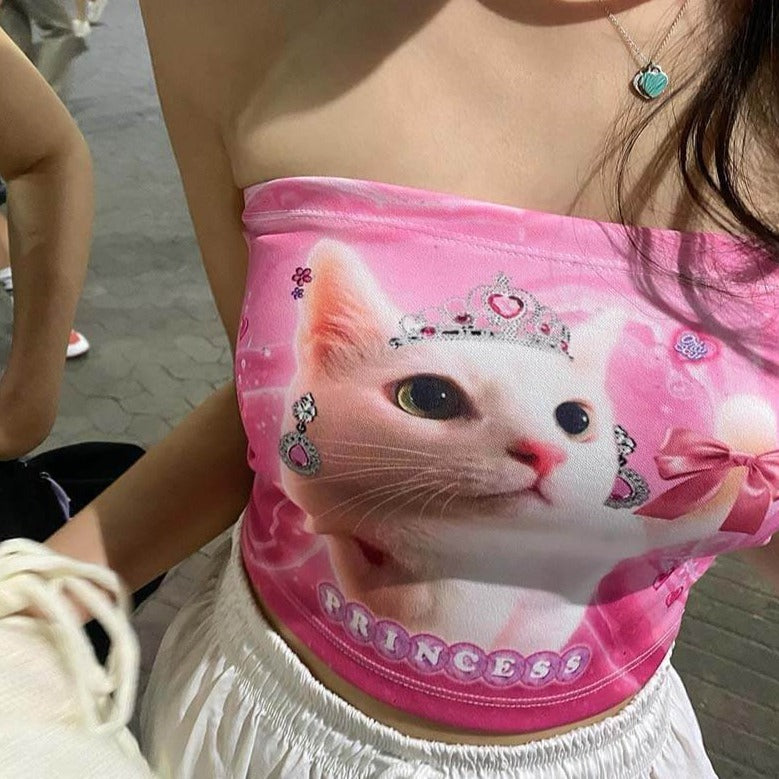Y2K Aesthetic Princess Cat Silk Pink Tube Top