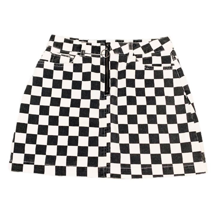 Grunge Black White Checkered Grid Front Zipper Skirt