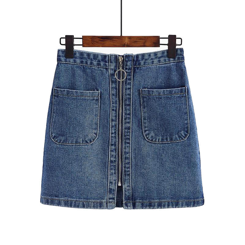 Denim Pockets Front Zipper Ring Jean Pencil Above Knee Skirt