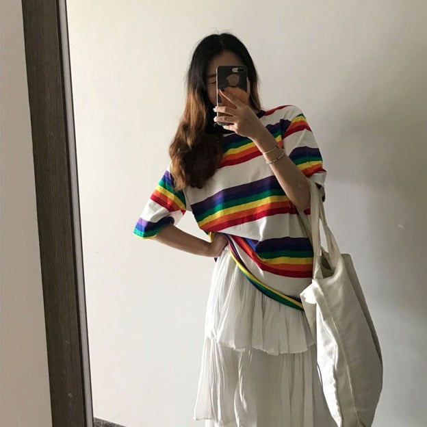Oversized Tomboy Stripes Rainbow Long T-Shirt