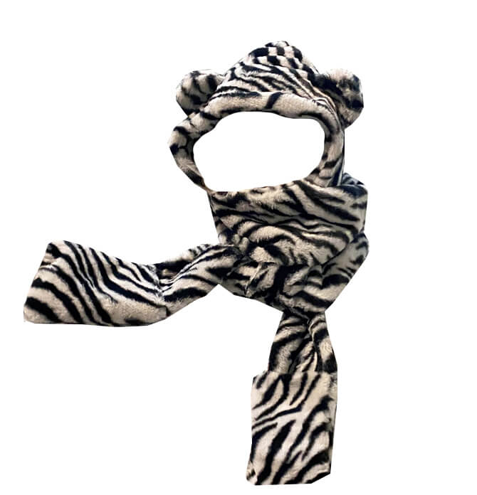 Zebra Pattern Warm Faux Fur Ears Hood Scarf