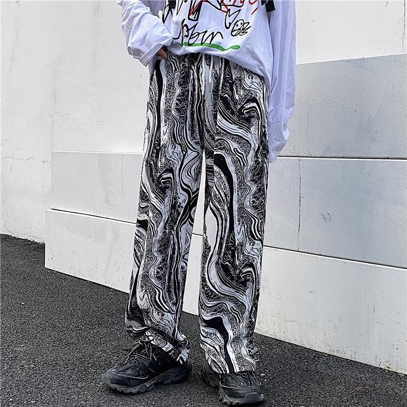 Abstract Black And White Pattern Elastic Waist Straight Pants