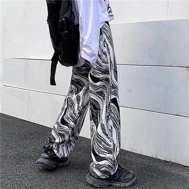 Abstract Black And White Pattern Elastic Waist Straight Pants