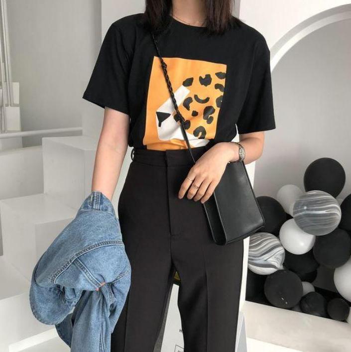 itGirl Shop ABSTRACT FRONT PRINTED BLACK WHITE OVERSIZED T-SHIRT