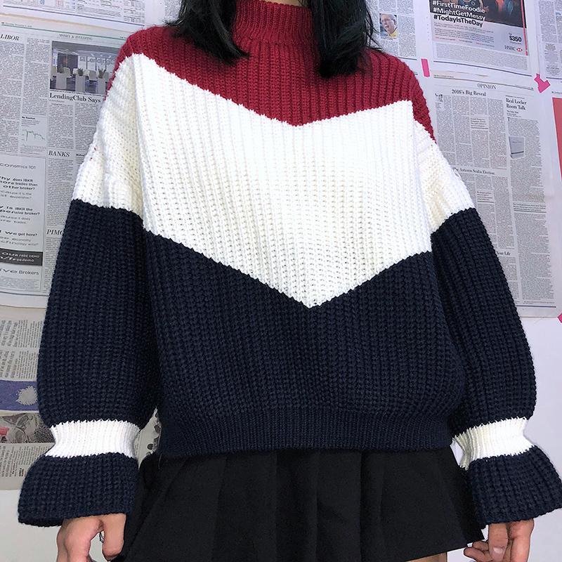 itGirl Shop AESTHETIC GIRL WARM KNIT OVERSIZED COLOR BLOCK SWEATER