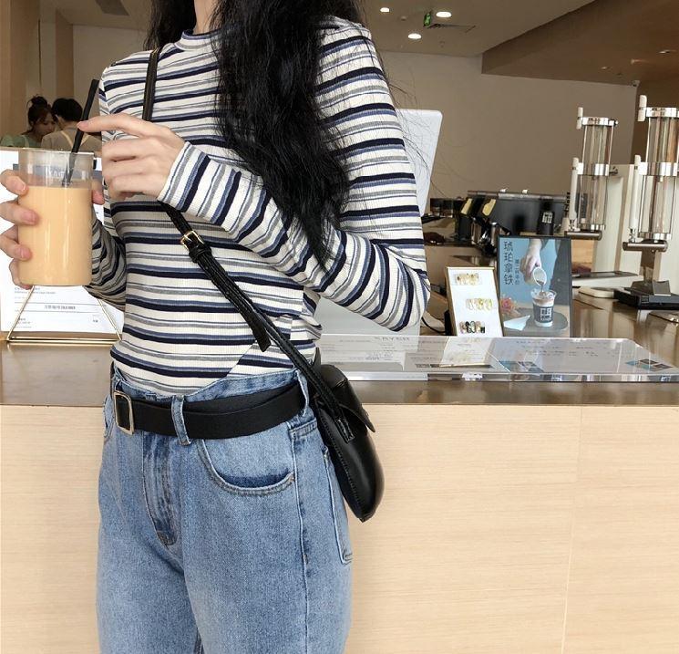 itGirl Shop AESTHETIC THIN STRIPES ROUND NECK KNITTED SLIM BLOUSE