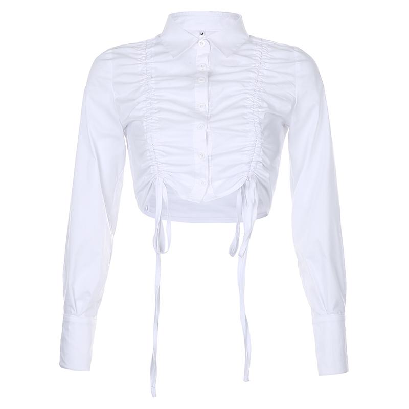 itGirl Shop AESTHETIC WHITE BLUE RUCHED LONG SLEEVE CROP SHIRT