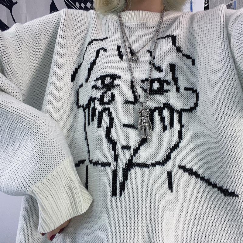 itGirl Shop ANIME BOYS KNIT PATTERN LOOSE BLACK WHITE SWEATER