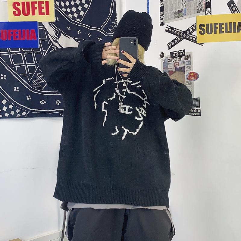 itGirl Shop - Aesthetic Clothing -Anime Boys Knit Pattern Loose Black