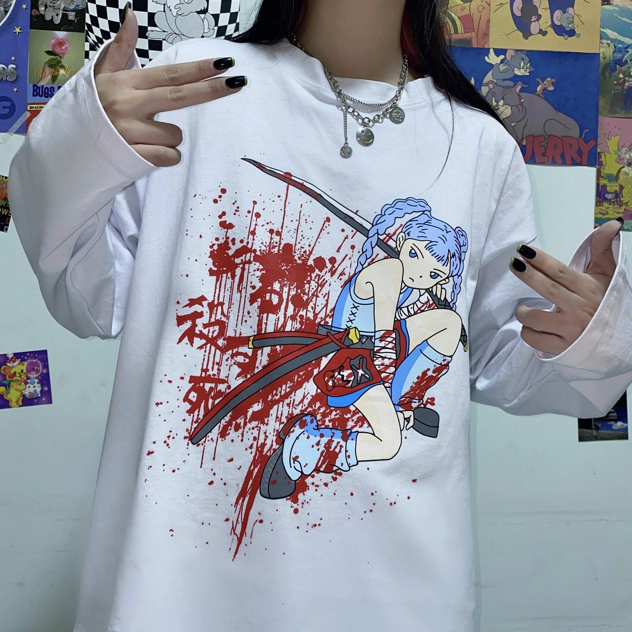 Anime Girl Aesthetic Print Loose White Black Shirt