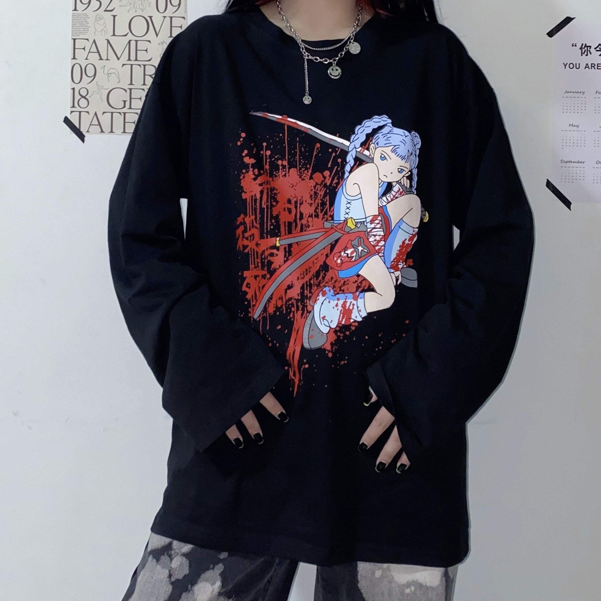 Anime Girl Aesthetic Print Loose White Black Shirt
