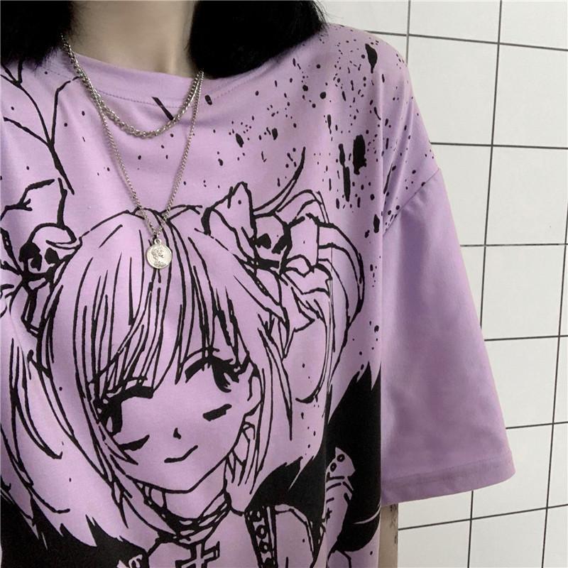 ANIME GIRL PRINTED BLACK AND WHITE OVERSIZED T-SHIRT