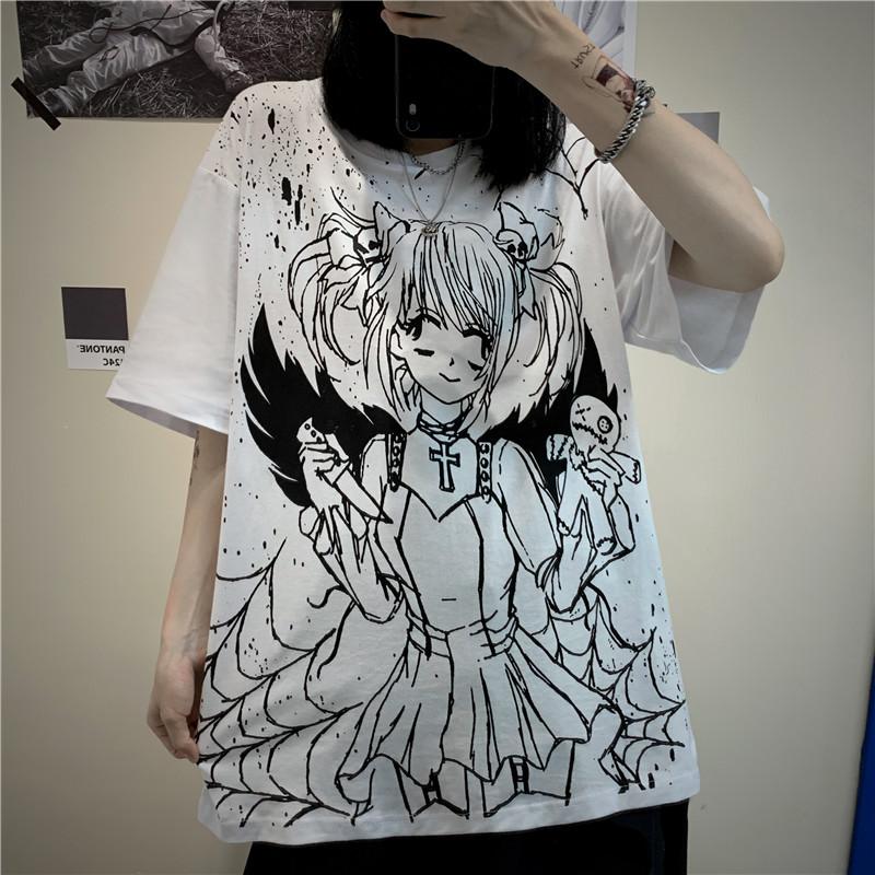 ANIME GIRL PRINTED BLACK AND WHITE OVERSIZED T-SHIRT
