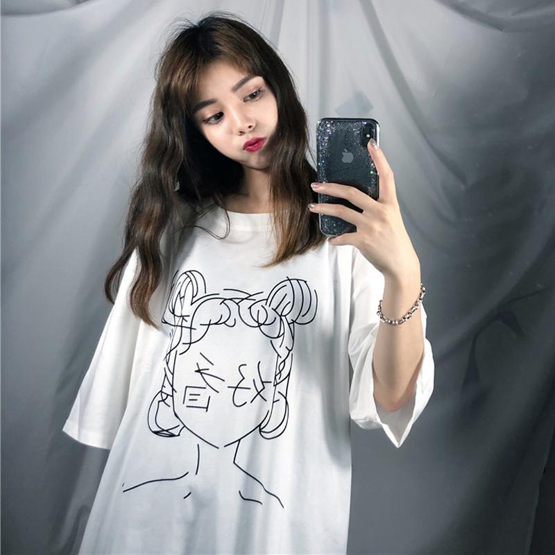 itGirl Shop ANIME LINE DRAWING JAPANESE CHARACTERS OVERSIZED WHITE T-SHIRT