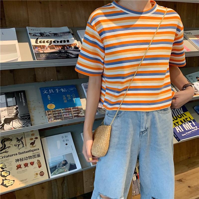 itGirl Shop APRICOT STRIPES SUMMER AESTHETIC LOOSE T-SHIRT