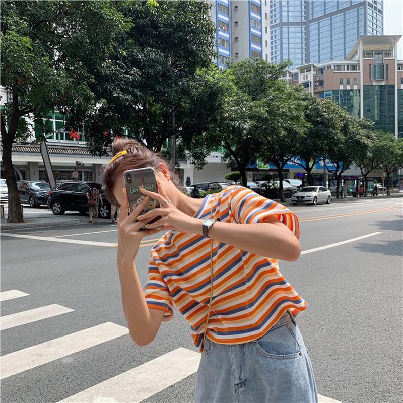 itGirl Shop APRICOT STRIPES SUMMER AESTHETIC LOOSE T-SHIRT
