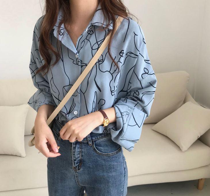 itGirl Shop ART ABSTRACT LINES LOOSE BLOUSE