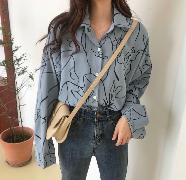 itGirl Shop ART ABSTRACT LINES LOOSE BLOUSE