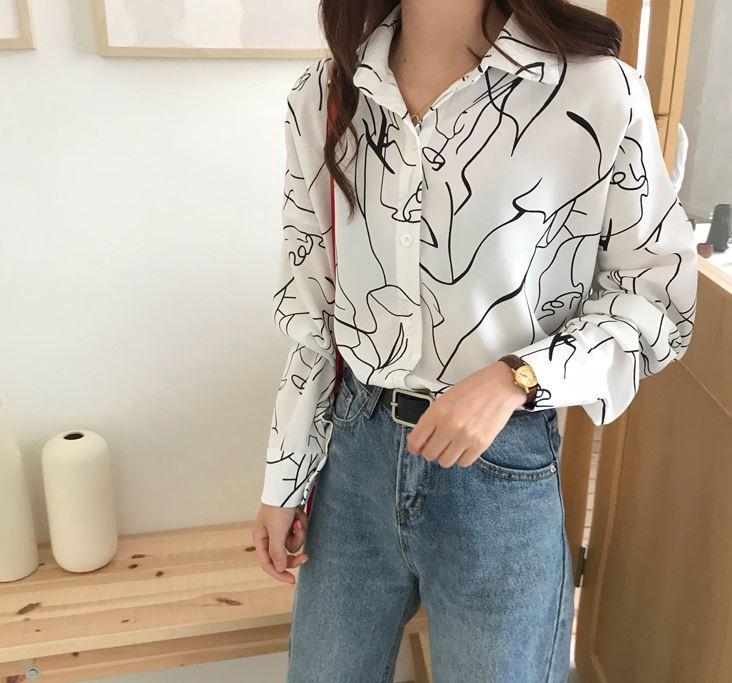 itGirl Shop ART ABSTRACT LINES LOOSE BLOUSE