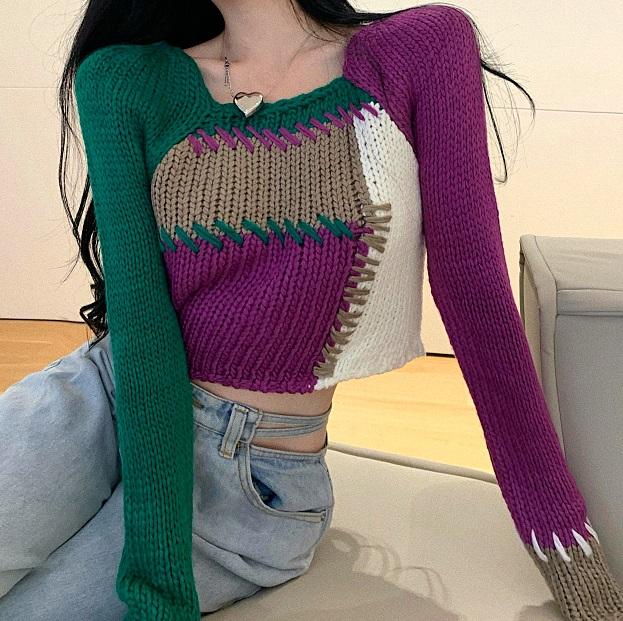 itGirl Shop ART HOE COLOR BLOCK CONTRAST STITCH KNIT CROPPED SWEATER