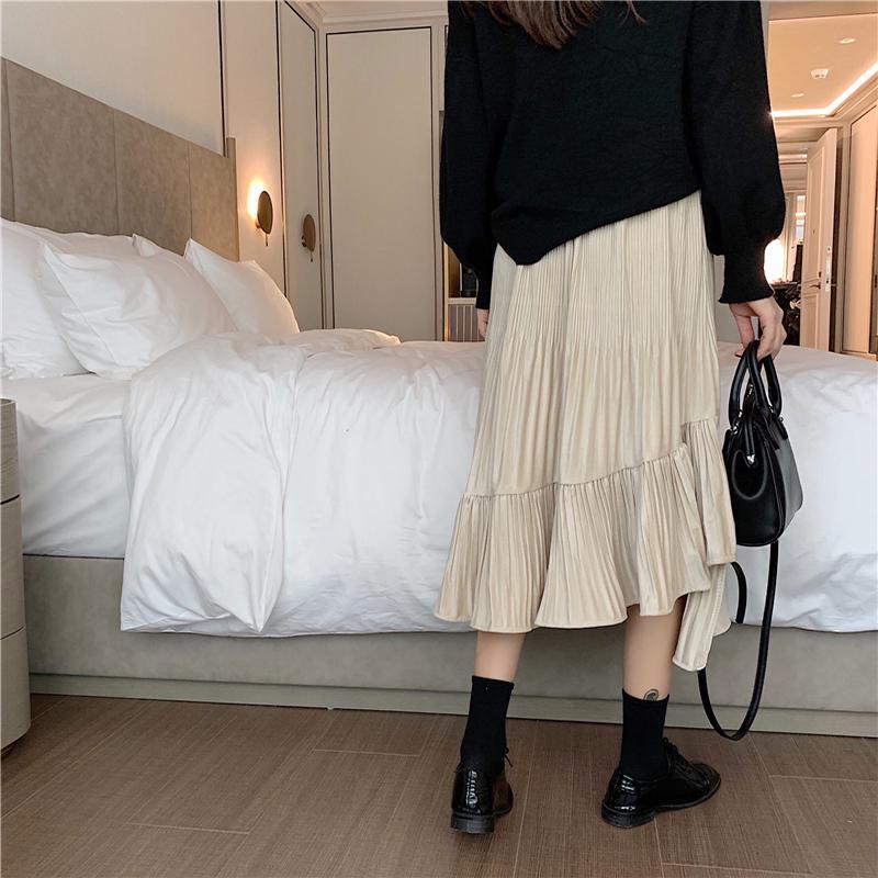 Asymmetric High Elastic Waist Pleated Long Skirt