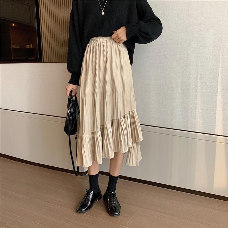 Asymmetric High Elastic Waist Pleated Long Skirt
