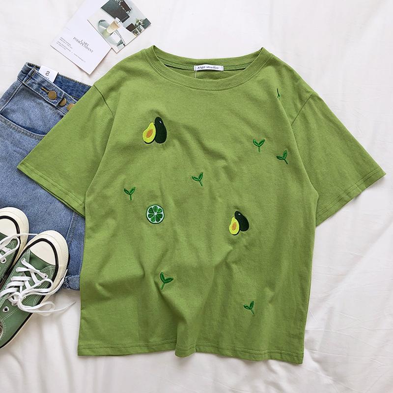 itGirl Shop AVOCADO AND PLANTS EMBROIDERY OVERSIZED T-SHIRT