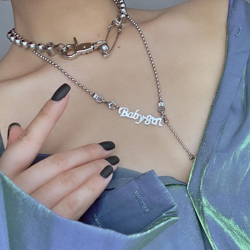 itGirl Shop BABYGIRL SILVER METAL LETTERS SOFT GRUNGE CHAIN NECKLACE