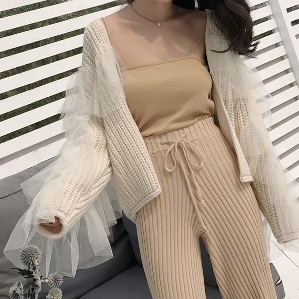 itGirl Shop BACK CHIFFON KNIT BEIGE FRONT BUTTONS CARDIGAN
