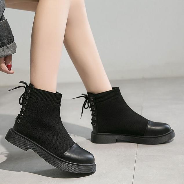 itGirl Shop BACK LACE UP AESTHETIC SOCK ANKLE BLACK BOOTS