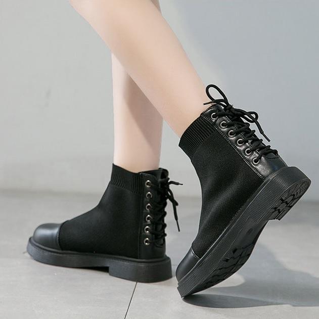 itGirl Shop BACK LACE UP AESTHETIC SOCK ANKLE BLACK BOOTS